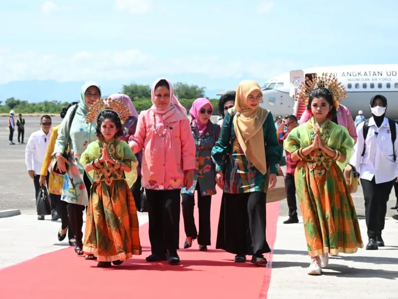 Ketua Pia Ardhya Garini Cabang 7 D/II Lanud Sultan Hasanuddin Sambut Kedatangan Ibu Negara Iriana Joko Widodo dan Ibu Wapres Wury Ma’ruf Amin 