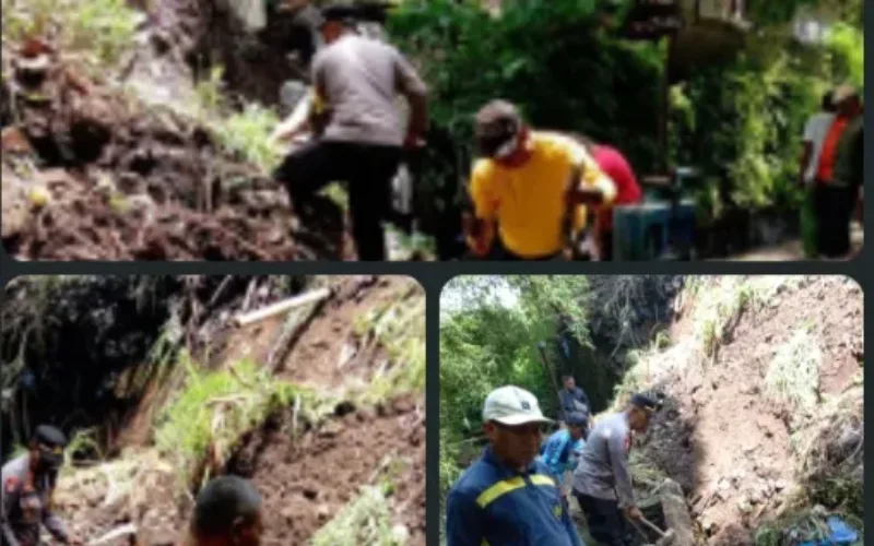 Kapolsek Sukawening Turun Langsung Cek Longsor Menutupi Aliran Irigasi Maripari-Kertajaya