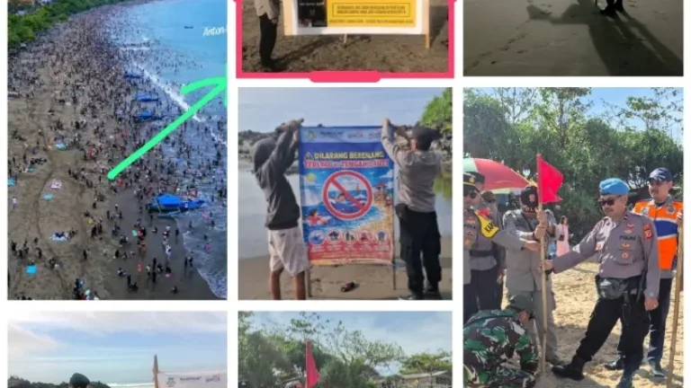 Polsek Wilayah Garut Selatan Pasang Bendera Merah Putih Di Pantai Selatan, Wisatawan Diimbau Tidak Berenang Terlalu Tengah