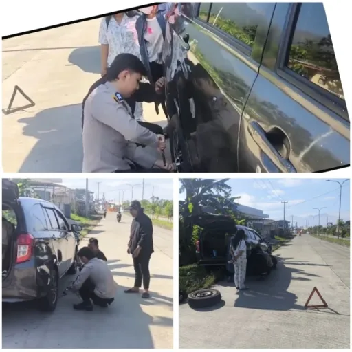 Aksi Humanis Polisi, Bantu Pengendara Ban Bocor Di Jalan Ibrahim Adjie