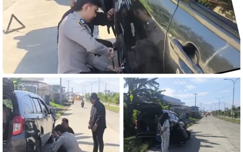 Aksi Humanis Polisi, Bantu Pengendara Ban Bocor Di Jalan Ibrahim Adjie