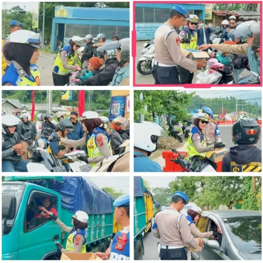 Humanis Di Tengah Rekayasa Lalu Lintas, Satlantas Polres Garut Bagikan Makanan Untuk Pengendara Di Pos Pam Kubang