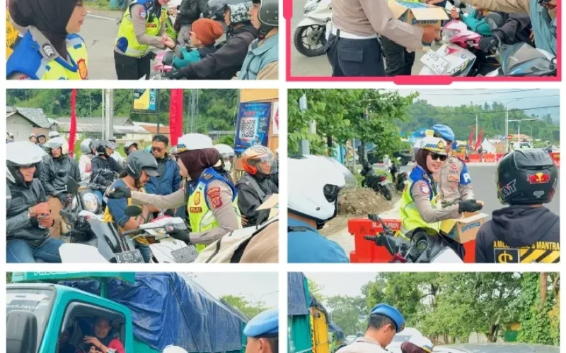 Humanis Di Tengah Rekayasa Lalu Lintas, Satlantas Polres Garut Bagikan Makanan Untuk Pengendara Di Pos Pam Kubang
