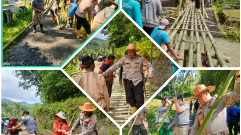 Respons Cepat Bencana, Polri dan Warga Dirikan Jembatan Darurat di Garut.