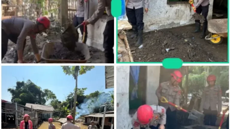 Polres Garut Kembali Bersihkan Material Bekas Banjir di Karangpawitan