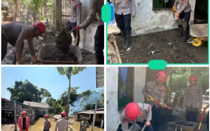 Polres Garut Kembali Bersihkan Material Bekas Banjir di Karangpawitan