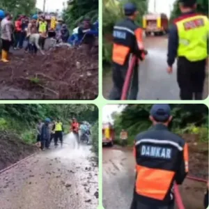 Jalan Talagabodas Barukai Longsor Akibat Hujan Deras, Damkar Garut Gerak Cepat Lakukan Penanganan