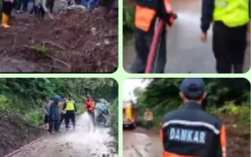 Jalan Talagabodas Barukai Longsor Akibat Hujan Deras, Damkar Garut Gerak Cepat Lakukan Penanganan