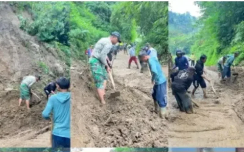 Cigadog Dikepung Longsor, Warga dan Babinsa Bahu-membahu Buka Akses Jalan