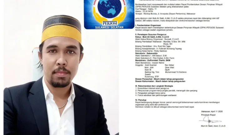 DPW PERJOSI Sulsel Resmi Terbentuk, Muh Ali Sakti Pimpin Pengurus Siap Majukan Dunia Jurnalistik