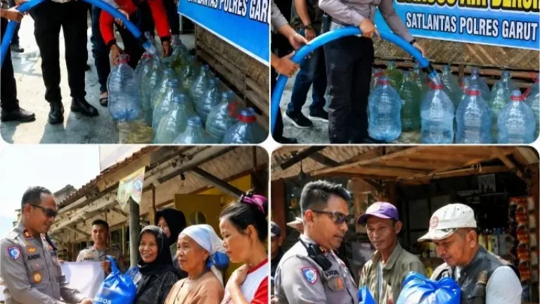 HUT Bhayangkara ke-80, Satlantas Polres Garut Gelar Bakti Sosial dengan Menyalurkan Air Bersih dan Sembako