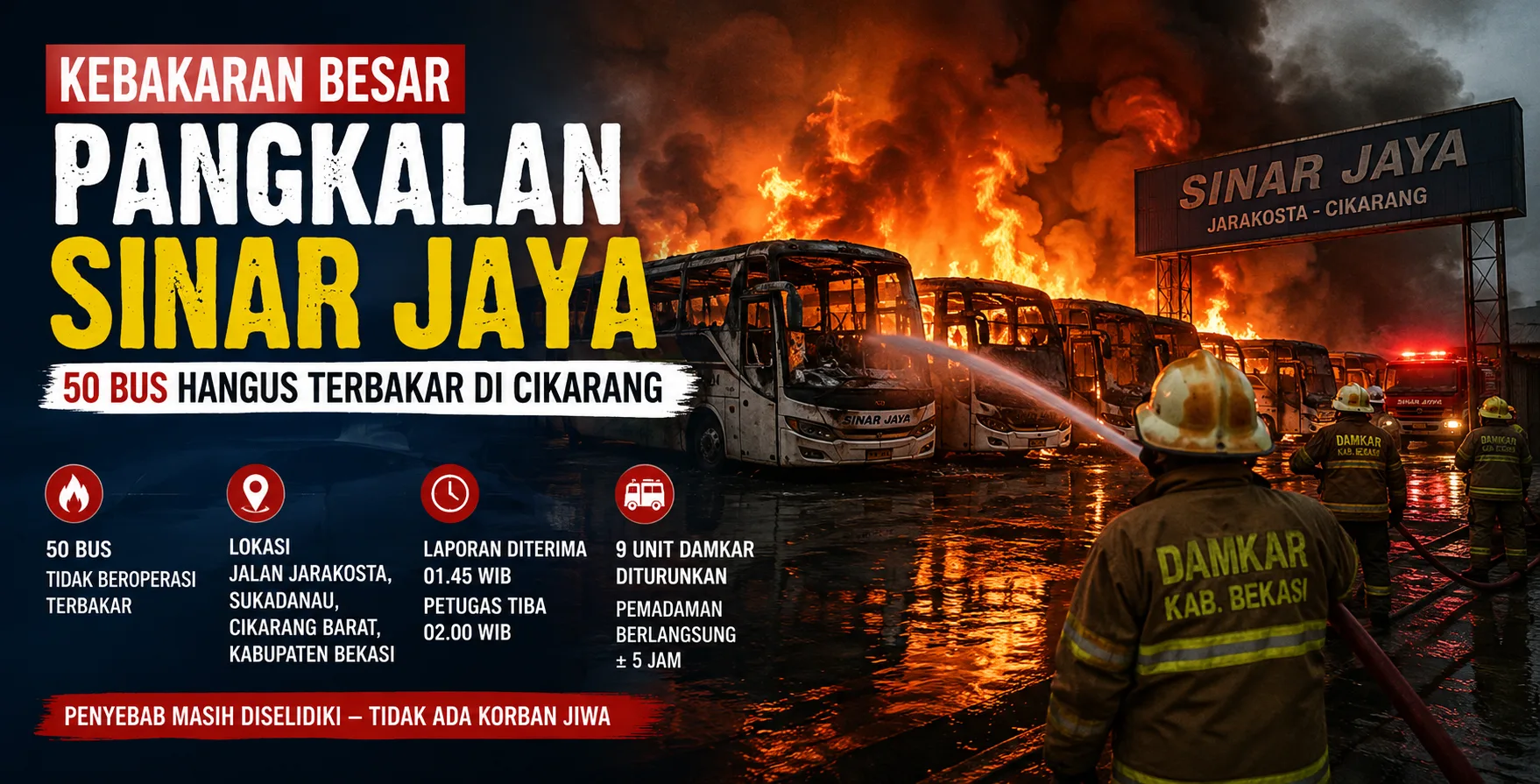 Kebakaran Pangkalan Sinar Jaya, 50 Bus Hangus di Cikarang