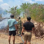 Kolaborasi Babinsa, Damkar, dan Warga Padamkan Kebakaran Lahan di Desa Romangloe