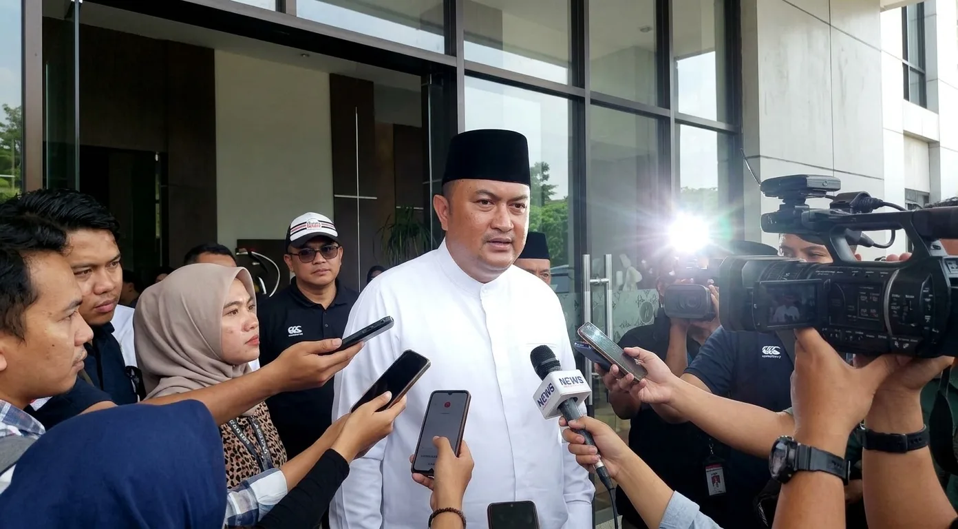 Bupati Bogor Rudy Susmanto mengenakan peci hitam dan baju koko putih sedang memberikan keterangan